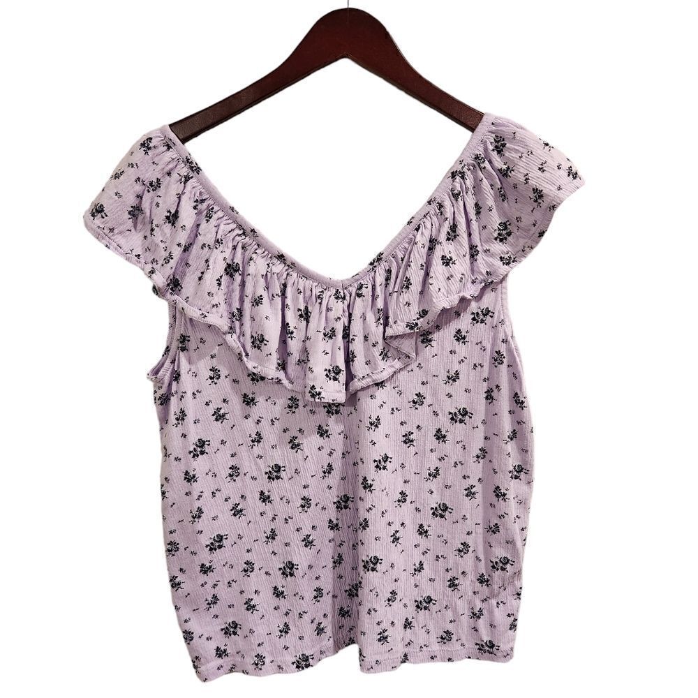 LOFT Purple Floral Top Ruffle Top Medium Petite Sleeveless - Picture 3 of 6